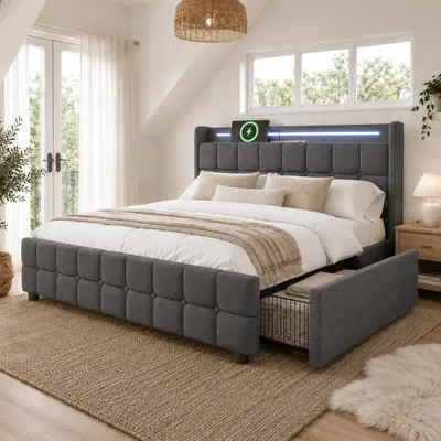 Obrázok produktu pre Postel s čalúneným rámom, 140x200 cm, s USB portami, LED osvetlením, 4 zásuvkami, úložným priestorom, latkovým roštom (dreveným), bez matraca. Farba: sivá