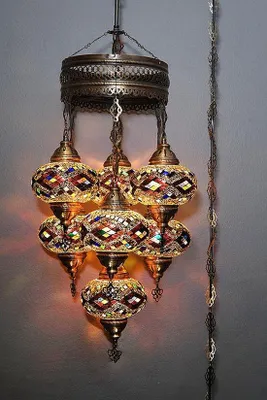 Image de Suspension à 7 globes en verre mosaïque brun - Suspension turque avec 7 boules en verre mosaïque - Plafonnier oriental
