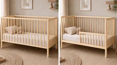 Obrázok produktu pre Detská postieľka Kids Collective, detská postieľka, postieľka pri posteli | Modulárna postieľka s bočnicami, rošt s 3-stupňovým nastavením výšky a odnímateľnými bočnicami | Detská postieľka z dreva do detskej izby | 120x60 cm | Prírodná farba