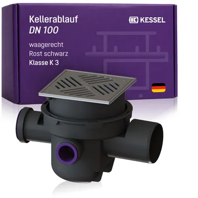 Produktbild von KESSEL Kellerablauf DN 100 Schlitzrost Edelstahl V2A 200 x 200 mm, Premium-Bodenablauf mit Geruchsverschluss + Schlammeimer, EN 1253-1 K 3, langlebig