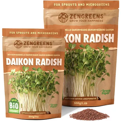 Zdjęcie produktu dla ZenGreens® Eko Nasiona na Kiełki Rzodkiew Daikon 200 g – Kiełki i Mikroliście