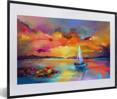Produktbild von MuchoWow® Gerahmtes Poster Malerei - Ölfarbe - Boot - Farben 60x40 cm - Poster mit Schwarzem Bilderrahmen Wandposter Rahmen Foto Bilder - Schlafzimmer - Plakat in Rahmen - Drucken