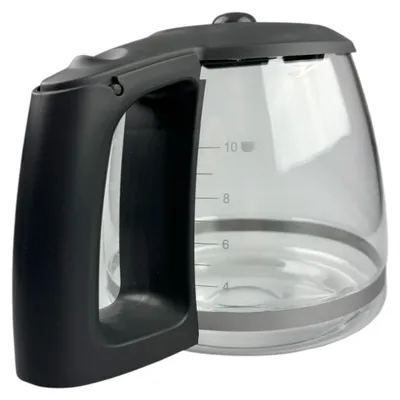 A glass coffee pot with a black handle against a white background.