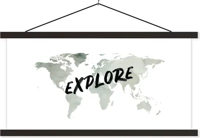 Produktbild von MuchoWow® Textilposter Weltkarte - Aquarellfarbe - Zitate 120x60 cm mit schwarzem Rahmen - Dekoration Schlafzimmer