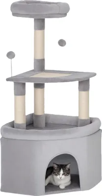 Image de PawHut Arbre à chat hauteur 114 cm tour de jeux pour chats avec griffoirs en sisal, plate-forme, niche, lit, tissu peluche, balles, multi-niveaux, gris clair