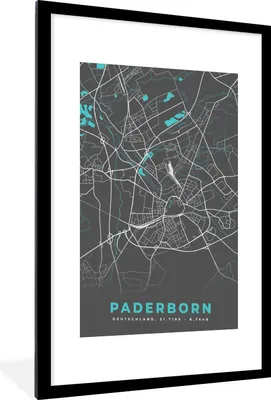 Produktbild von MuchoWow® Gerahmtes Poster Karte - Paderborn - Blau - Stadtplan - Deutschland 60x90 cm - Poster mit Schwarzem Bilderrahmen Wandposter Rahmen Foto Bilder - Dekoration - Wandposter Wohnzimmer - Hochwertig