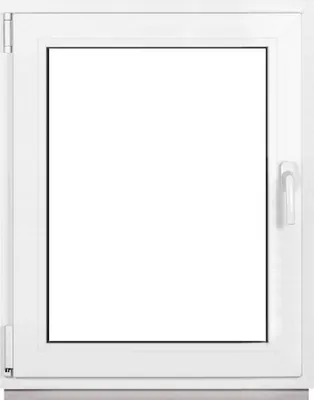 A white framed window with a clear glass pane, presented against a white background.