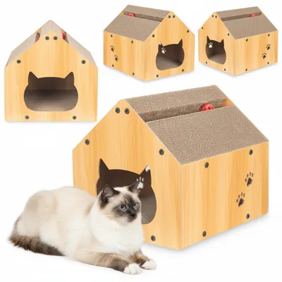 Obrázek produktu pro Škrabadlo pro kočku domek s míčkem pelíšek MDF 40x35x34,5 cm