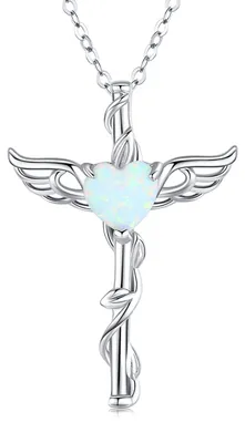 Produktbild von Midir&Etain Kreuz Kette 925 Sterling Silber Engel Flügel Kreuz Anhänger Halskette Opal Herz Halskette Engel Schmuck Kreuz Geschenke für Frauen