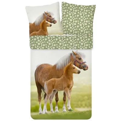 A bedding set featuring a mother horse and her foal.