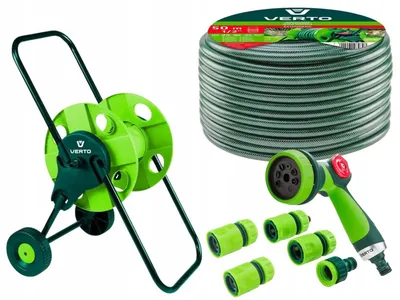 Produktbild von VERTO Schlauchwagen mit Schlauch 1/2 Zoll 50 m + Wasserspritze + 3 x Schlauchverbinder, Wasserstop, Hahnverbinder