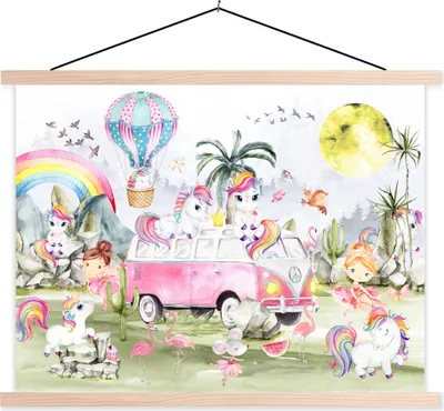 Produktbild von MuchoWow® Textilposter Einhorn - Regenbogen - Kinder - Mädchen - Auto 60x45 cm mit holzfarbenen Rahmen - Bild