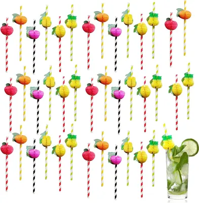 Produktbild von Strohhalme 40 Stück für Cocktail Sommerpartys Getränkedekorationen 3D Obststrohhalme biologisch abbaubar lustig hawaiianisch tropisches Papier für kalte Getränke Säfte (zufällige Farben)