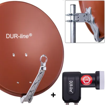 A satellite dish, its mounting hardware, and a satellite receiver are displayed against a white background.