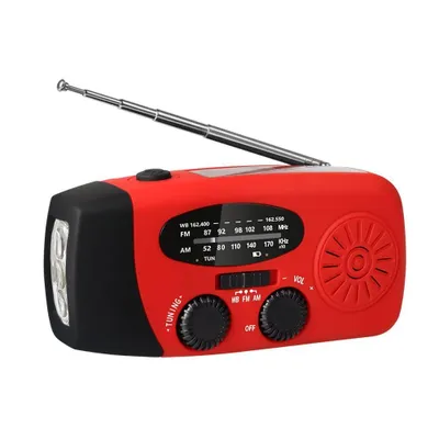 Produktbild von Notfallradio Kurbel & Solar, AM/FM/NOAA, 2000mAh Powerbank, LED-Licht, IPX3 – Rot