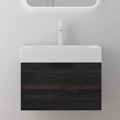 A wall-mounted bathroom vanity with a white sink and a dark gray wood-grain cabinet.