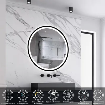 Produktbild von AICA LED Badspiegel Rund 70cm Beschlagfrei Bluetooth Uhr 3 Lichtfarbe Dimmbar Wandspiegel mit Schwarzem Rahmen IP44