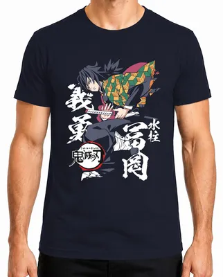 Imagen del producto de Camiseta para hombre, estilo "Kimetsu no Yaiba", con el personaje Giyu Tomioka, diseño de "Respiración de Agua", con espada, temática de "Demonio Cazador". Color azul marino, talla XL