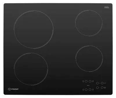 A top-down view of a black glass ceramic induction hob with four cooking zones and control buttons.