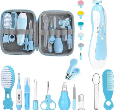 Image de Kit de soins et de santé pour bébés, kit de soins de sécurité pour nourrissons avec brosse à cheveux, peigne, coupe-ongles, kit d'essentiels pour bébés pour nouveau-nés filles et garçons (bleu 21 en 1)