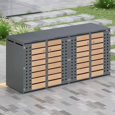 Produktbild von Merax 2er Mülltonnenbox mit Klappdeckel, diamantförmige Seitenausschnitte, horizontale Holzmaserung, abschließbar, 2 Fächer für Garten & Hof