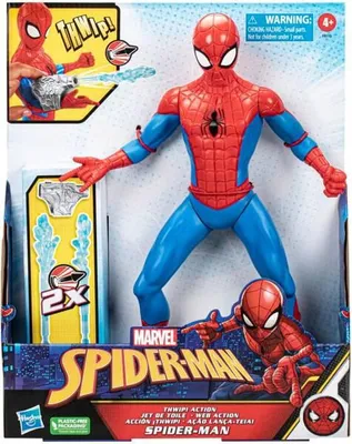 A Spiderman action figure in its packaging, with accessories and action features highlighted.