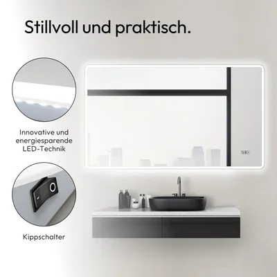 Produktbild von LED Badspiegel 120×70 cm, Alurahmen, Licht neutralweiß, IP24, Digitaluhr