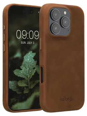 Produktbild von kalibri Schutzhülle kompatibel mit Apple iPhone 16 Pro - Hülle Leder - Hardcover Handy Cover Case Braun