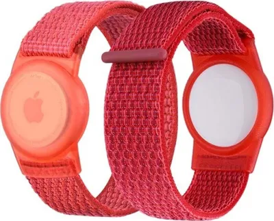 Two red and pink Apple AirTag holders with woven bands are shown against a white background.