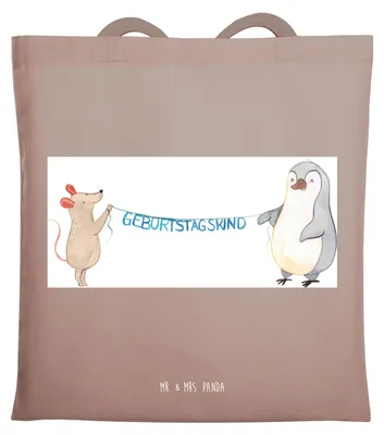 Produktbild von Mr. & Mrs. Panda Tote Bag Maus Pinguin Geburtstag - Braun Pastell - Geschenk, Einkaufstasche, Tasche, Laptoptasche, Happy Birthday, Herzlichen Glückwunsch, Shopping