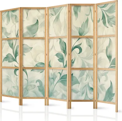 Produktbild von 5-teiliger Einseitiger Vlies Japanischer Paravent - Watercolor Botanical Motif - Delicate Green-Beige Leaves 225x172 cm Blumen f-H-10016-bh-b