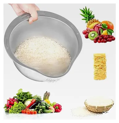 Produktbild von Edelstahl Reiswaschschüssel mit lebensmittelechtem Sieb und Ausgießer, multifunktionales Nudelsieb für die Küche zum Waschen und Abtropfen von Quinoa, Obst, Gemüse, Getreide und Bohnen