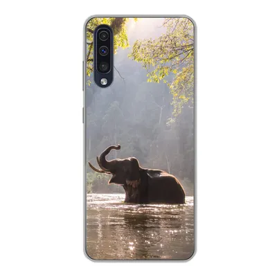 Produktbild von MuchoWow® Handyhülle Schutzhülle Hülle für Samsung Galaxy A30s Elefant - Wasser - Tiere - Bäume - Sonne Silikon Softcase Handy Hülle - Karteninhaber