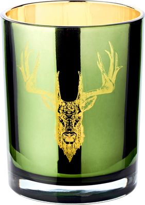 Windlicht Teelichtglas Ted, außen grün / innen gold, Hirsch-Design, Höhe 13 cm