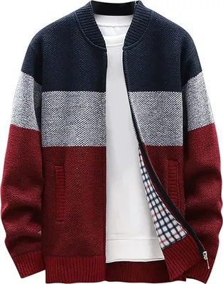 Produktbild von ASKSA Herren Stehkragen Strickjacke Warm Fleece Gestrickt Cardigan Wintermantel mit Reissverschluss Mantel, Rot, L