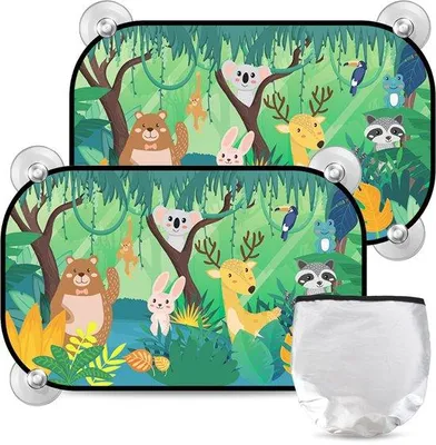 Productafbeelding van Ibenzoa® Automatische zonneschermen voor auto's, set van 2, 52 x 31 cm, hoogwaardig polyester, 98% UV-bescherming, 8 zuignappen, universeel geschikt voor achterste zijruiten (kinderveiligheid)