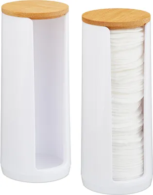 Produktbild von Relaxdays Wattepads Aufbewahrung 2er Set, Acryl, Bambus, Bad, Wattepadspender mit Deckel, HxD: 17,5x7,5cm, weiß/natur
