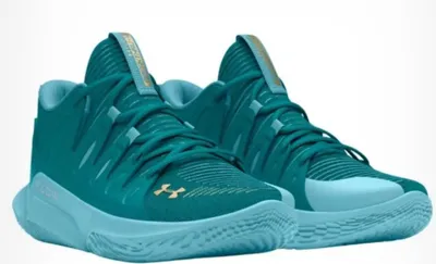 A pair of teal and light blue basketball shoes with gold accents, shown from a diagonal angle against a white background.