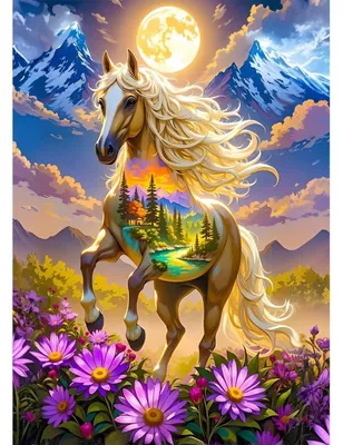 Image de Kit de peinture diamant 5D, motif cheval dans un paysage, dimensions 30x40 cm, pour adultes et débutants