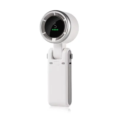 A white portable fan with a digital display.