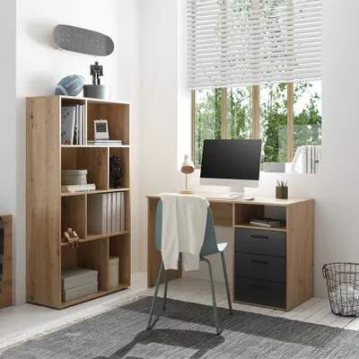 Produktbild von Jugendzimmer Set 2-teilig in Eiche mit graphit, Schreibtisch & Regal - LESINA-78