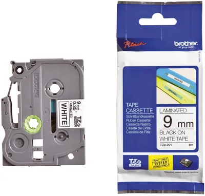 Produktbild von Brother Black on White Gloss Laminated Tape, 9mm, TZ, China, 8 m, 172 mm, 108 mm, 335 mm
