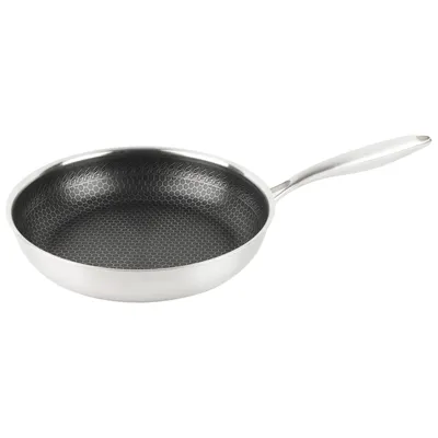 A stainless steel frying pan with a honeycomb pattern on the interior is shown against a white background.