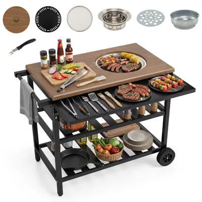 Obrázok produktu pre Grilovací vozík COSTWAY, grilovací stôl na kolieskach, servírovací vozík s dreveným grilom, odkladacím stolíkom, pracovnou plochou s dreveným vzhľadom a 2 odkladacími plochami, rozmer 94,5 x 75 x 78,5 cm