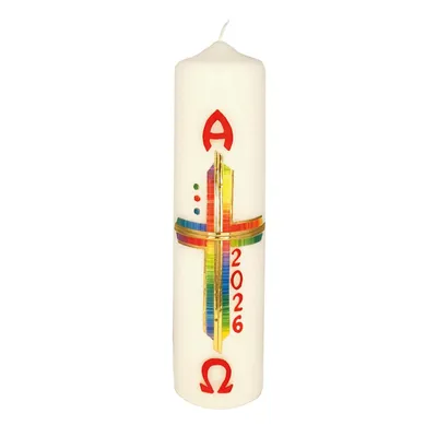 Produktbild von Osterkerze Regenbogenkreuz, A und O, Jahreszahl 270 x Ø 70 mm
