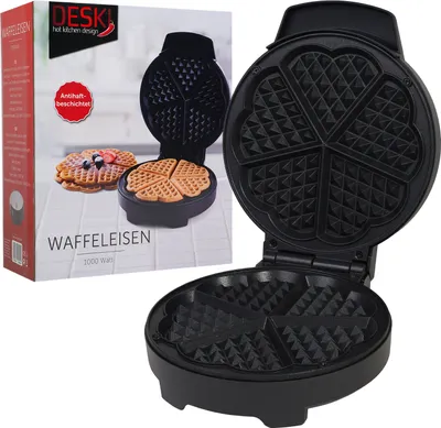 A waffle maker and its packaging are shown against a white background.