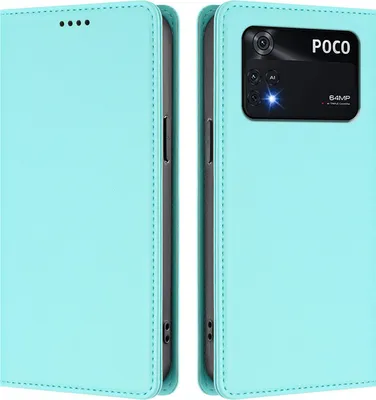 Obrázek produktu pro Kožené pouzdro pro Xiaomi Poco M4 Pro 4G, magnetické flipové pouzdro zPolyuretankůže se stojánkem Mátově zelená