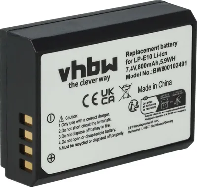 Produktbild von vhbw Akku kompatibel mit Canon EOS 1100D, 2000D, 1200D, 4000D, 1300D, Kiss X70, Kiss X50, Kiss X80, Kiss X90 Kamera (800 mAh, 7,2 V, Li-Ion)