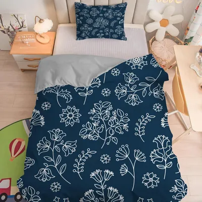Productafbeelding van Kinderbeddengoed, 100x135 cm, 2-delig, blauw, met bloemenprint, microvezel, met rits