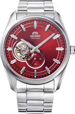 A close-up studio shot of an Orient automatic watch with a red dial and silver metal band.